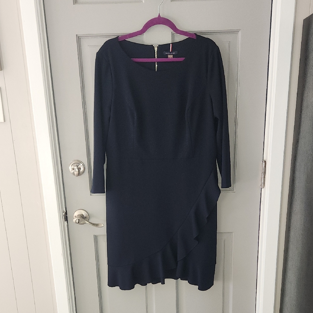 Tommy Hilfiger Navy Long Sleeve Dress with Asymmetrical Ruffle Sz. 16